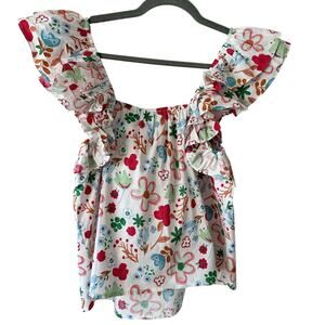 NWT Entro Floral Ruffle Sleeve Square Neck Cotton Top Spring Small